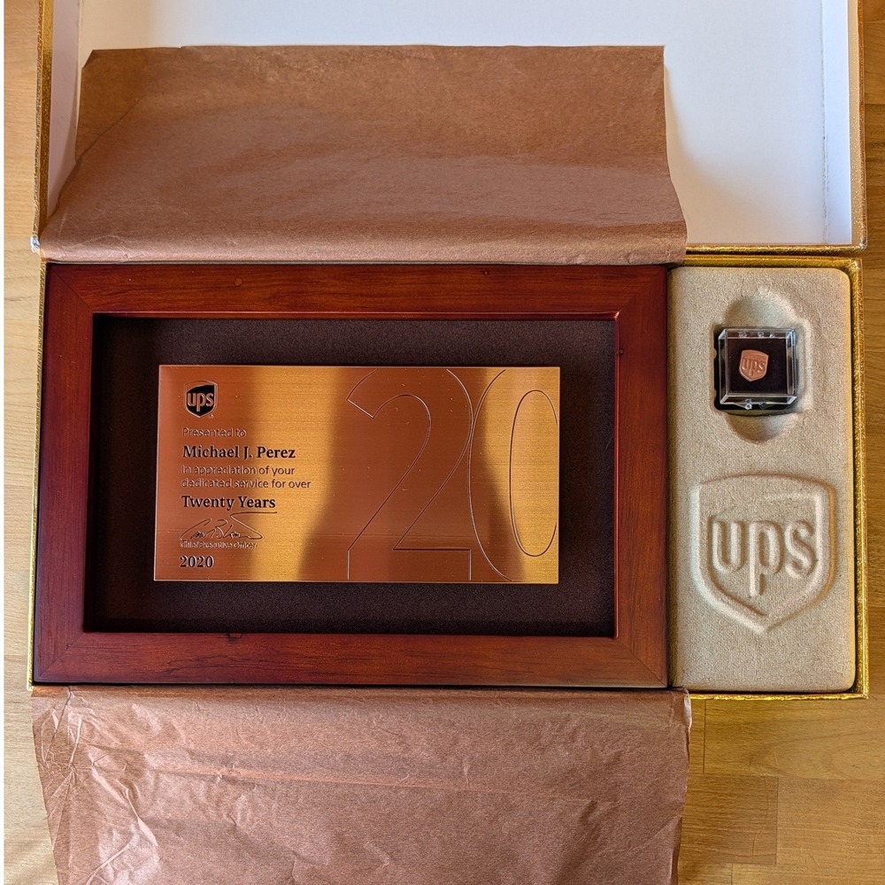 UPS 20 Year Service Award Plaque and Shield Logo Lapel Pin Set 2020